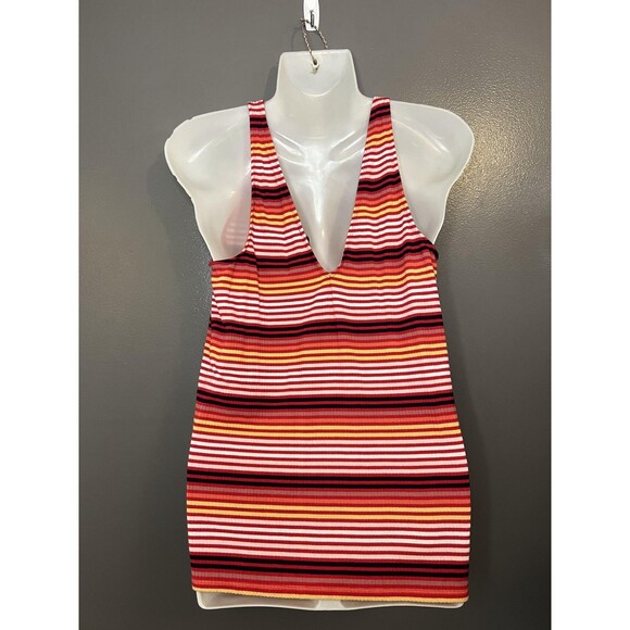 Express Shirt Womens Large Red Orange Stripe Ribbed V Neck Tank Top Summer - Picture 4 of 7